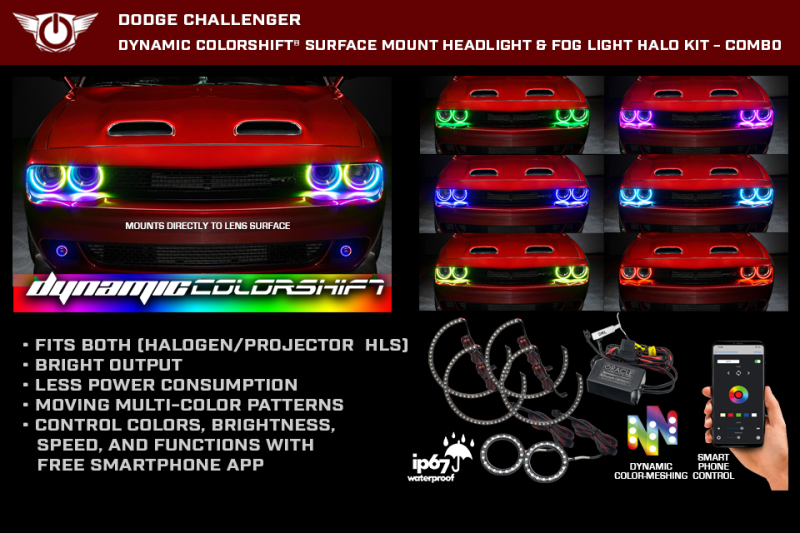 Dodge Challenger Headlight & Fog Light Halo Kit - ORACLE Lighting - Dynamic ColorSHIFT Surface Mount - `15-`22